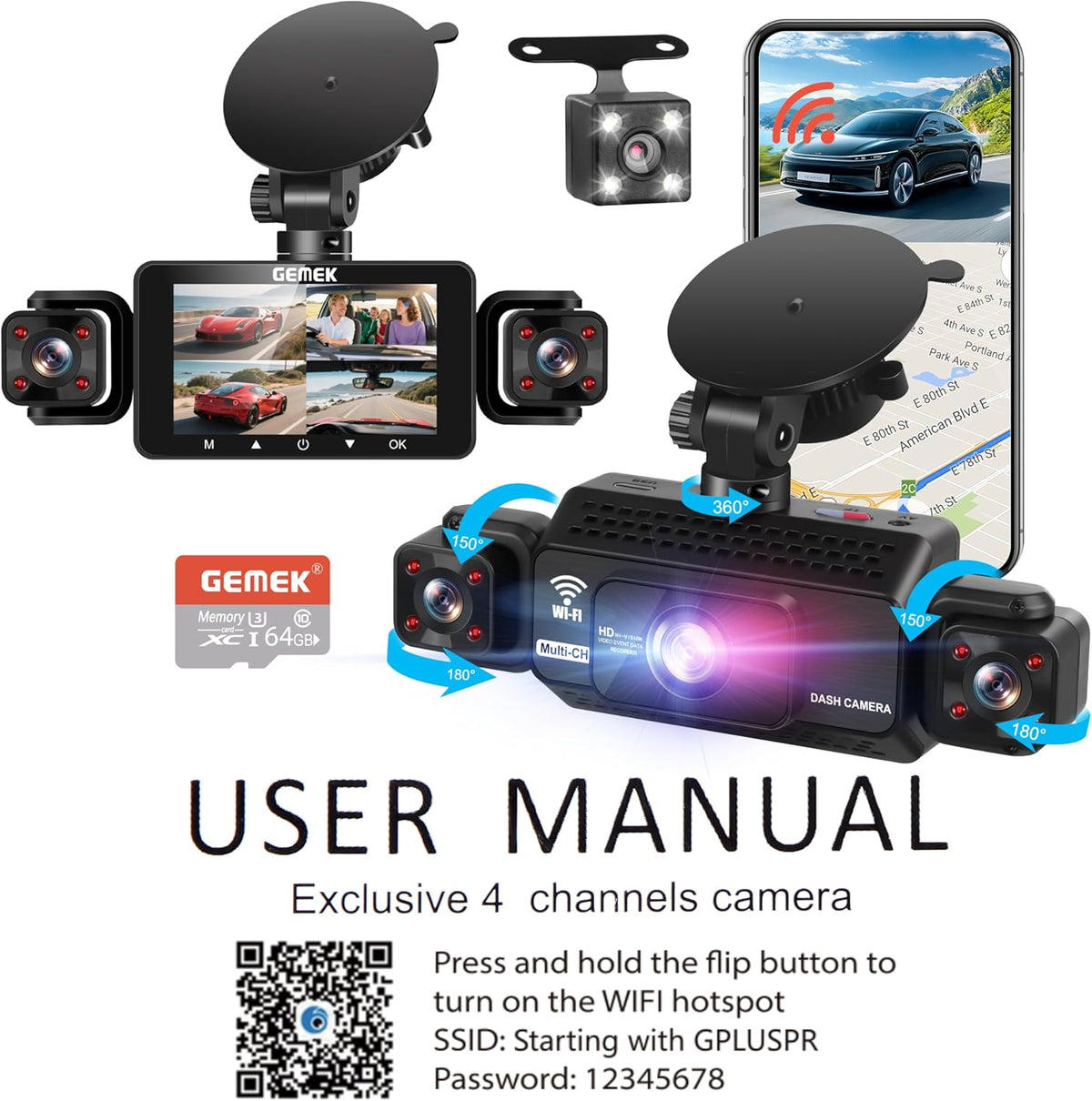 4 Channel Dash Cam 360° View 5G WiFi & APP Control, GEMEK 2K Front and Rear Inside, Left Right Dash Camera for Cars Free 64GB TF Card, G-Sensor, Night Vision, 24H Parking Mode - PuriLite