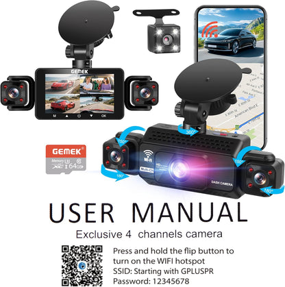 4 Channel Dash Cam 360° View 5G WiFi & APP Control, GEMEK 2K Front and Rear Inside, Left Right Dash Camera for Cars Free 64GB TF Card, G-Sensor, Night Vision, 24H Parking Mode - PuriLite