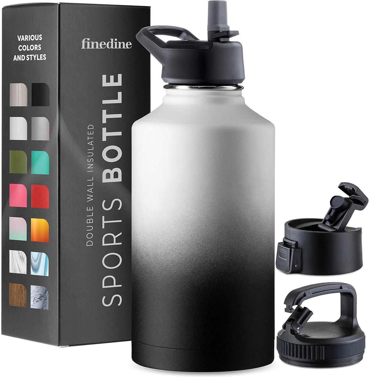 FineDine Water Bottle - Stainless Steel Insulated Water Bottle with Straw Lid, Flip Lid & Wide-Mouth Cap - Keeps Hot and Cold - 25 Oz / 739ml - Pure Pearly White - PuriLite