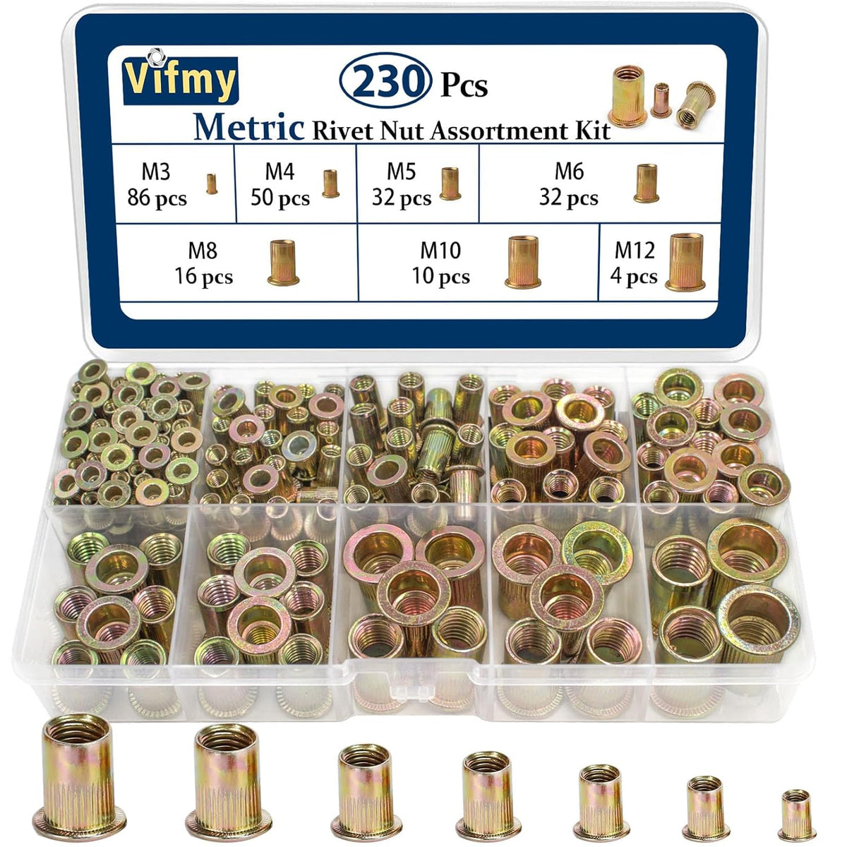 Vifmy Metric & SAE Rivet Nut Assortment Kit(420 Pcs),m3 m4 m5 m6 m8 m10 m12#6-32#8-32#10-24 1/4"-20 5/16"-18 3/8"-16 UNC Flat Head Rivnut Set,Zinc Plated Finish Carbon Steel Nutsert - PuriLite