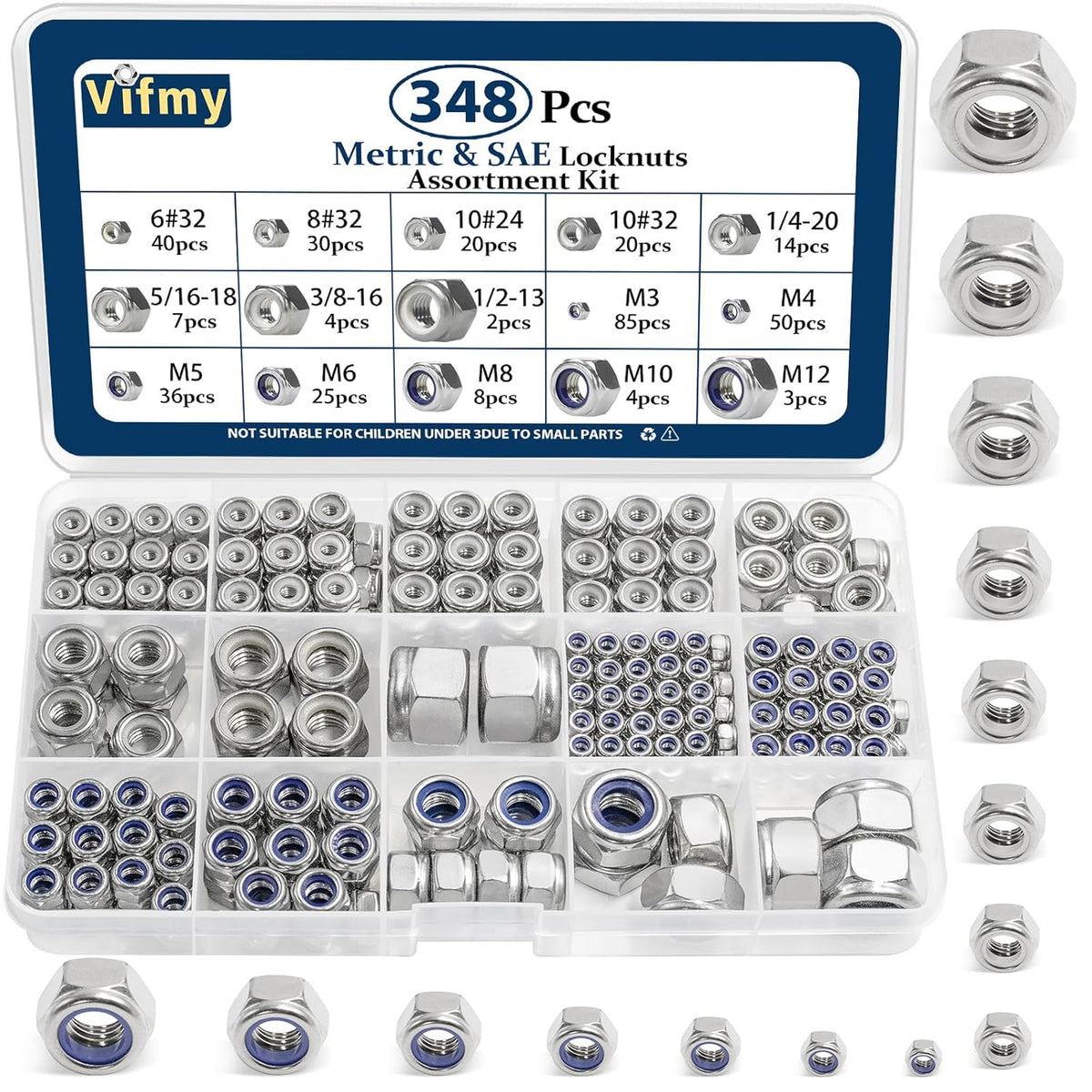 Vifmy 110 Pack 1/4"-20 Inch Lock Nuts,304 (A2-70) Stainless Steel Nylon Insert Locknuts,Standard Inch Thread Nylock Nuts for Bolts - PuriLite