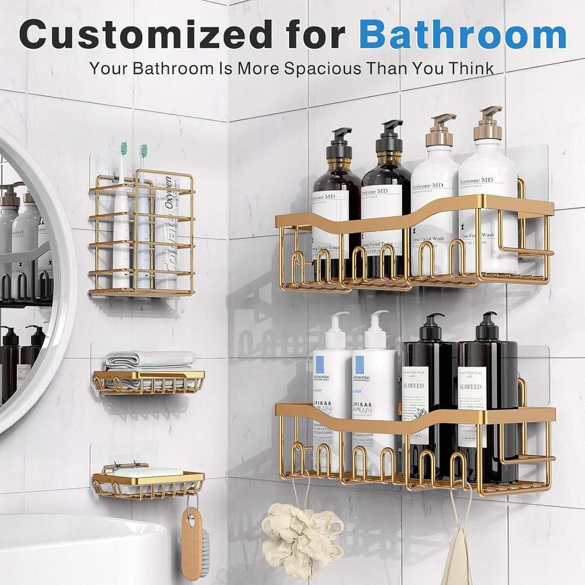 EUDELE 5-Pack Rustproof Stainless Steel Shower Caddy – No Drill Adhesive Bathroom Organizer with Large Capacity, Spacious Shower Shelves for Inside Shower, Kitchen & Home Decor Storage - PuriLite