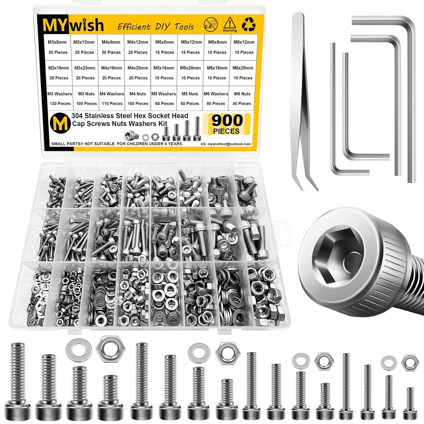 Mywish 900Pcs Metric Screw Assortment, M3 M4 M5 M6 Screw Assortment Kit 304 Stainless Steel Hex Socket Button Head Socket Cap Metric Screws Bolts & Flat Washers/Nuts/Hex Wrenches 16 Sizes 8MM to 20MM - PuriLite