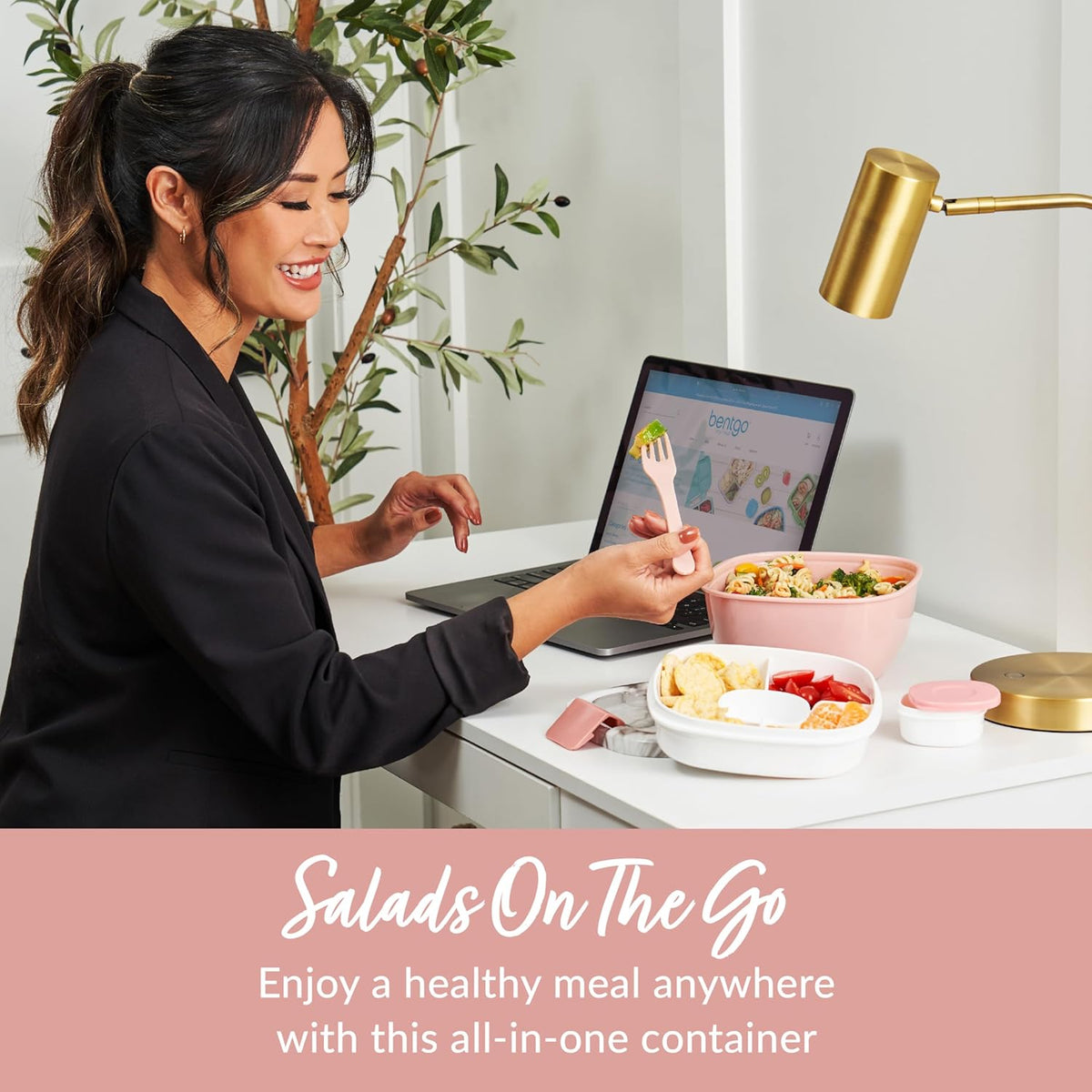 Bentgo Salad - Stackable Lunch Container with Large 54-oz Salad Bowl, 4-Compartment Bento-Style Tray for Toppings, 3-oz Sauce Container for Dressings, Built-in Reusable Fork & BPA-Free (Khaki Green) - PuriLite