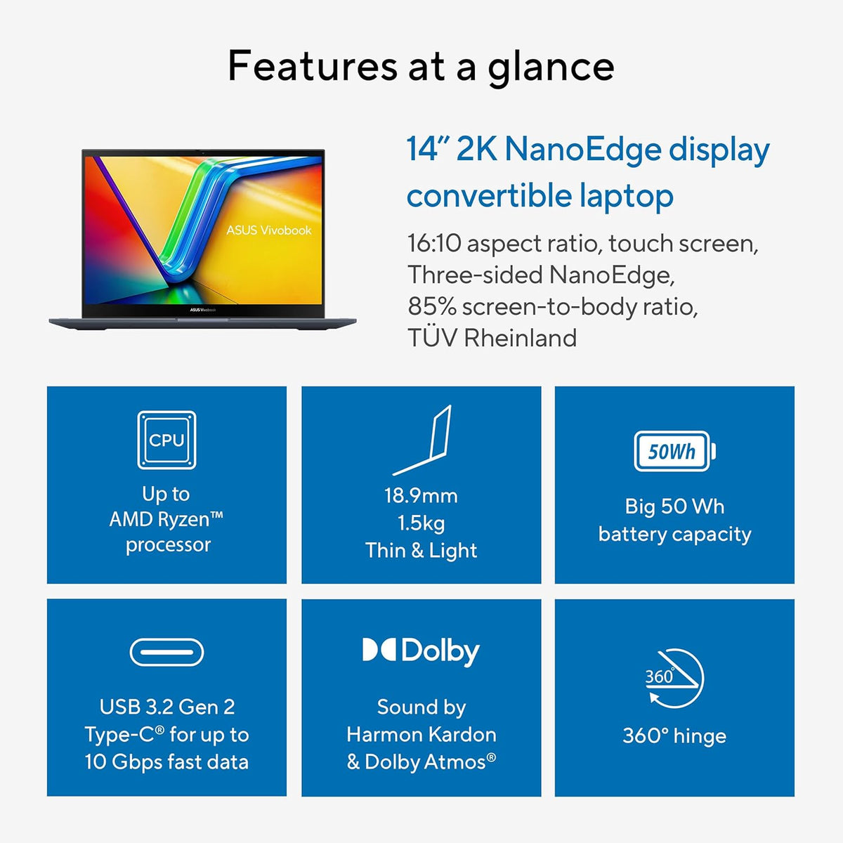 ASUS Vivobook S 14 Flip Laptop, 14” WUXGA 16:10 Touch Display, AMD Ryzen 7 7730U CPU, AMD Radeon™ Graphics, 16GB RAM, 512GB SSD, Fingerprint Sensor, Windows 11 Home, Quiet Blue, TN3402YA-AS71-CA - PuriLite