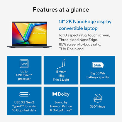 ASUS Vivobook S 14 Flip Laptop, 14” WUXGA 16:10 Touch Display, AMD Ryzen 7 7730U CPU, AMD Radeon™ Graphics, 16GB RAM, 512GB SSD, Fingerprint Sensor, Windows 11 Home, Quiet Blue, TN3402YA-AS71-CA - PuriLite