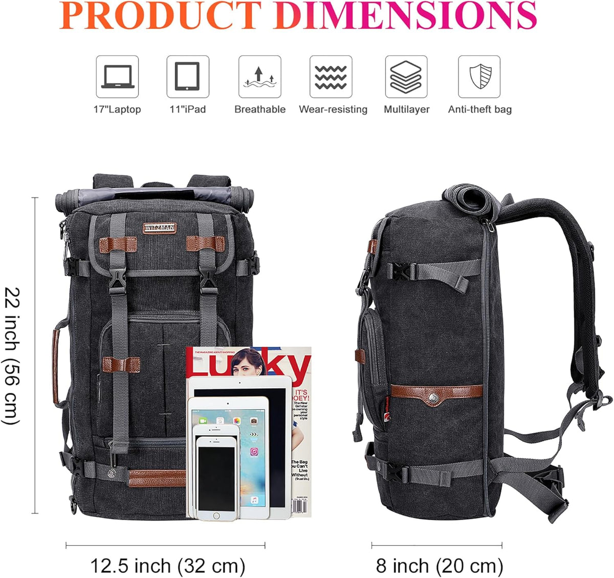 WITZMAN Canvas Backpack Vintage Travel Backpack Large Laptop Bags Convertible Shoulder Rucksack - PuriLite