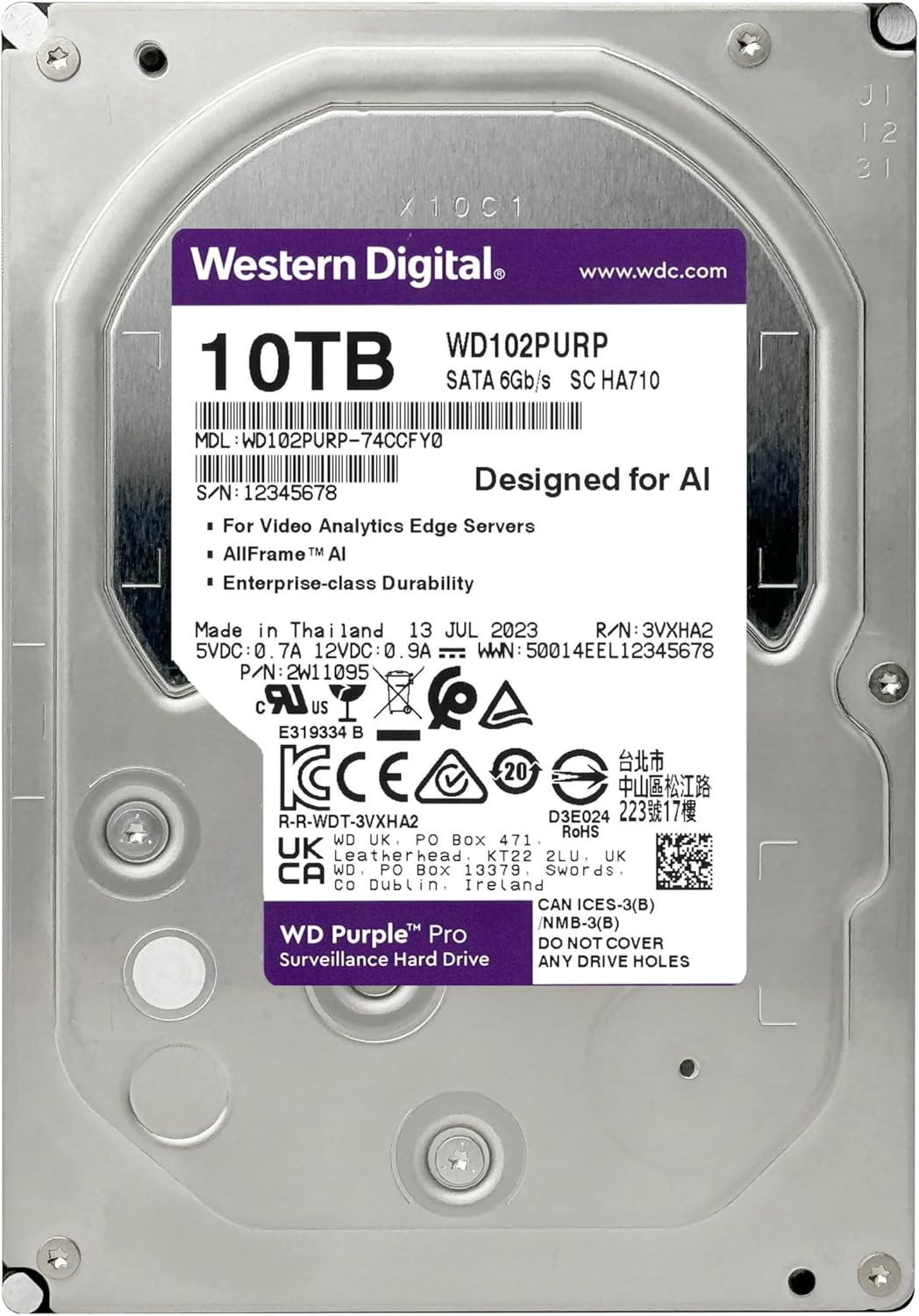 Western Digital 10TB WD Purple Pro Surveillance Internal Hard Drive HDD - SATA 6 Gb/s, 512 MB Cache, 3.5" - WD102PURP - PuriLite