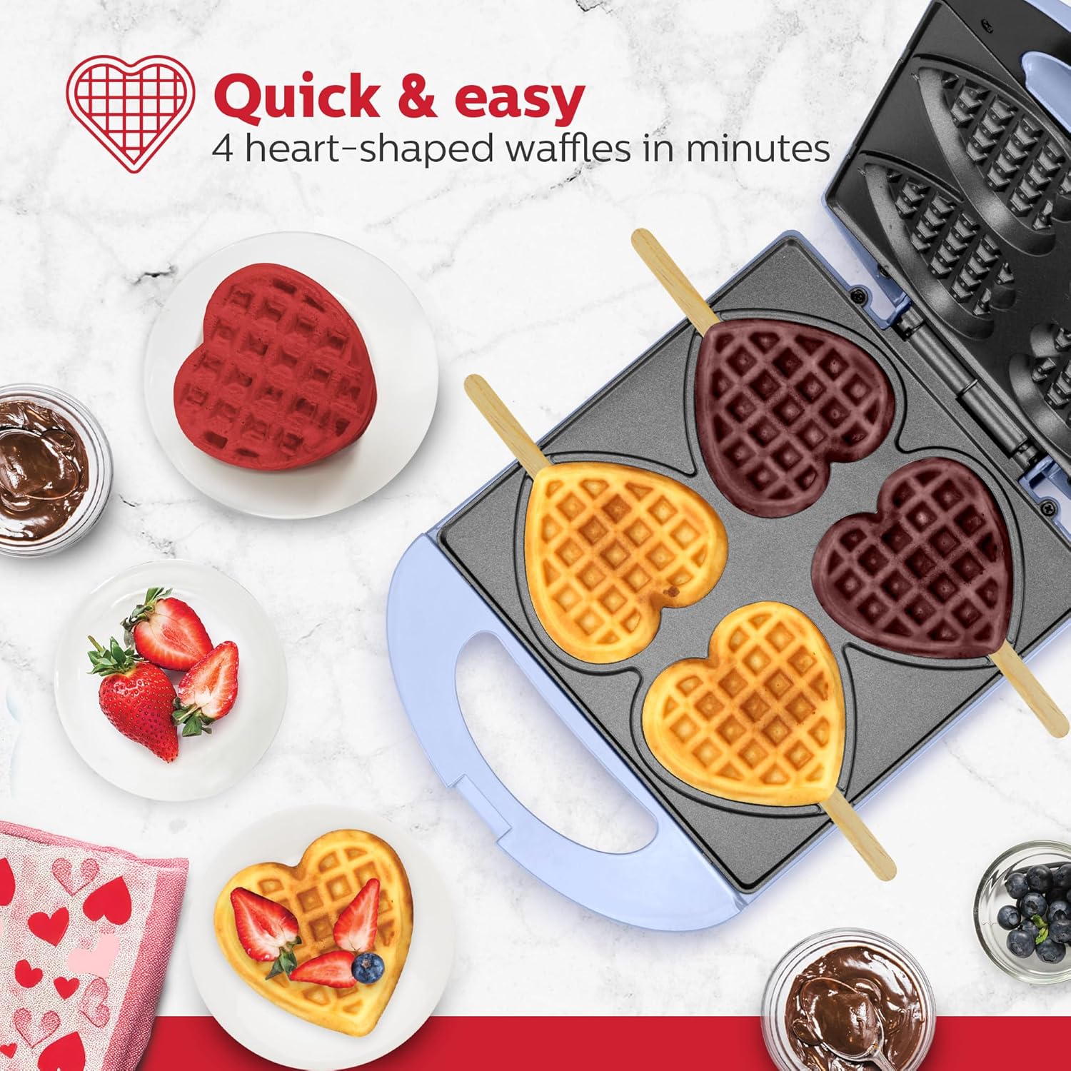 Holstein Housewares - Non-Stick Heart Waffle Maker, Lavender - Makes 4 Heart-Shaped Waffles in Minutes - PuriLite