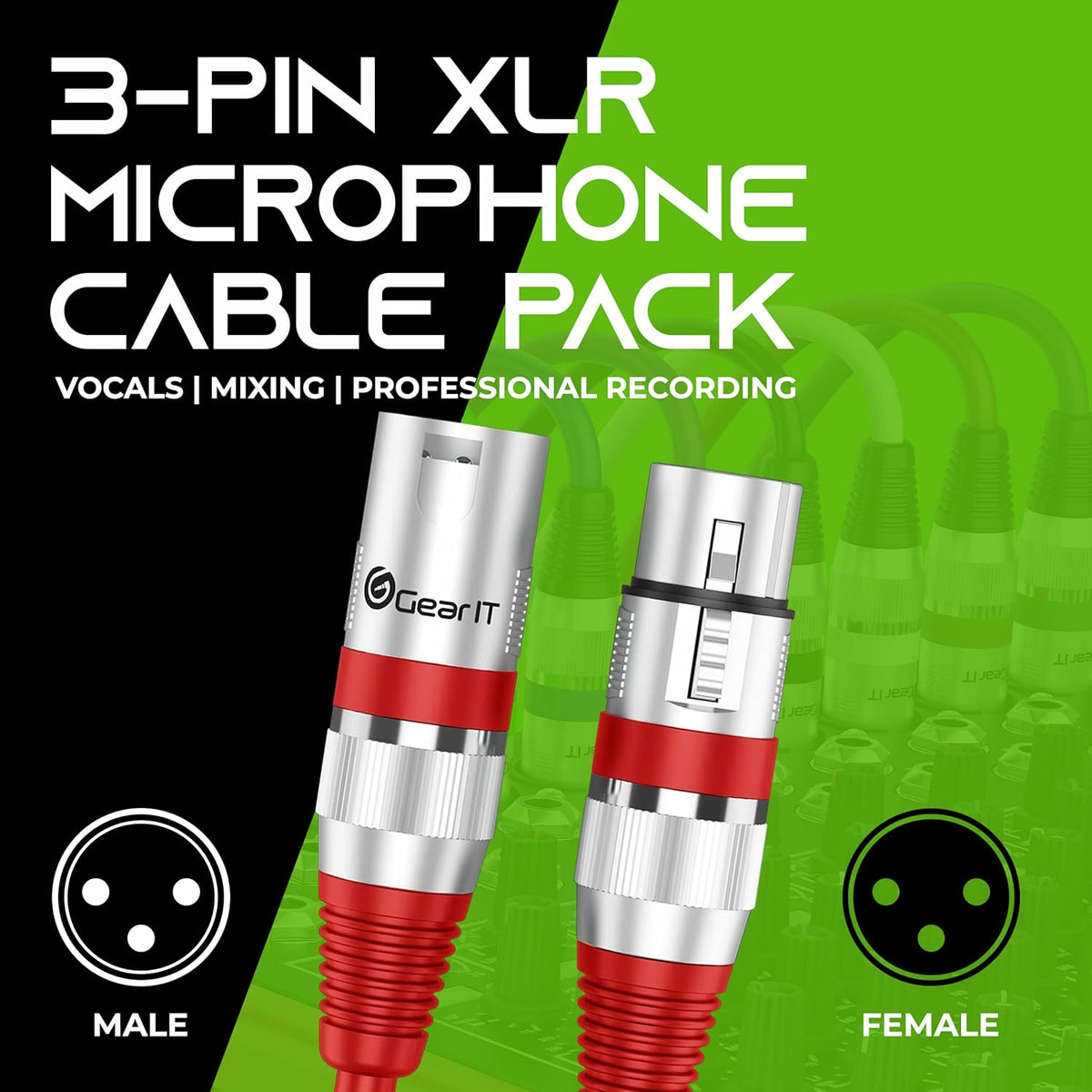 GEARit XLR Male to Female Microphone Cable (10 Feet, 6-Pack) 3-Pin Balanced Shielded Mixer, Recording Studio, Podcast - Black - PuriLite