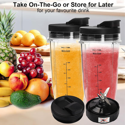 6 Pack Ninja Blender Cups Replacement and 7Fins Blade Replacement 24oz Ninja Cups for Blender & Blade with Cleaning Brush Compatible Nutri Ninja Auto iQ BN801 BL480 BL640 BL642 NN100 BL2012