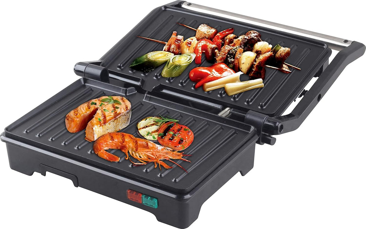 Panini Press Grill and Sandwich Maker 180 Degree Open Ceramic Plates Stainless Steel Finish - PuriLite