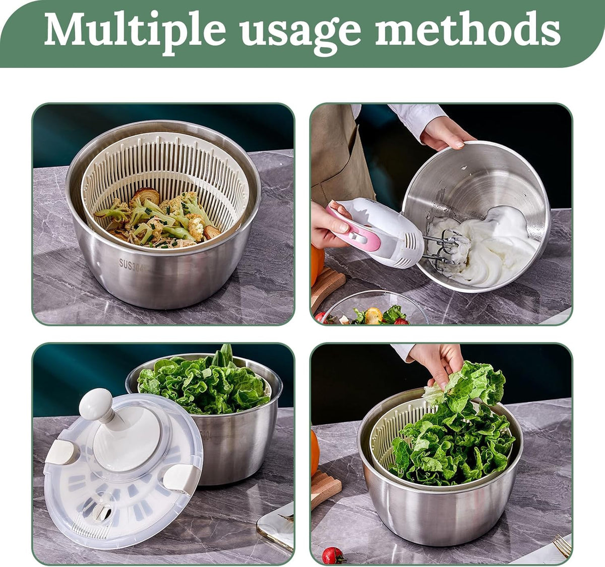 Salad Spinner 5L, Dual Layer Stainless Steel & PP Lettuce Spinner with Lid & Rotating Handle - PuriLite