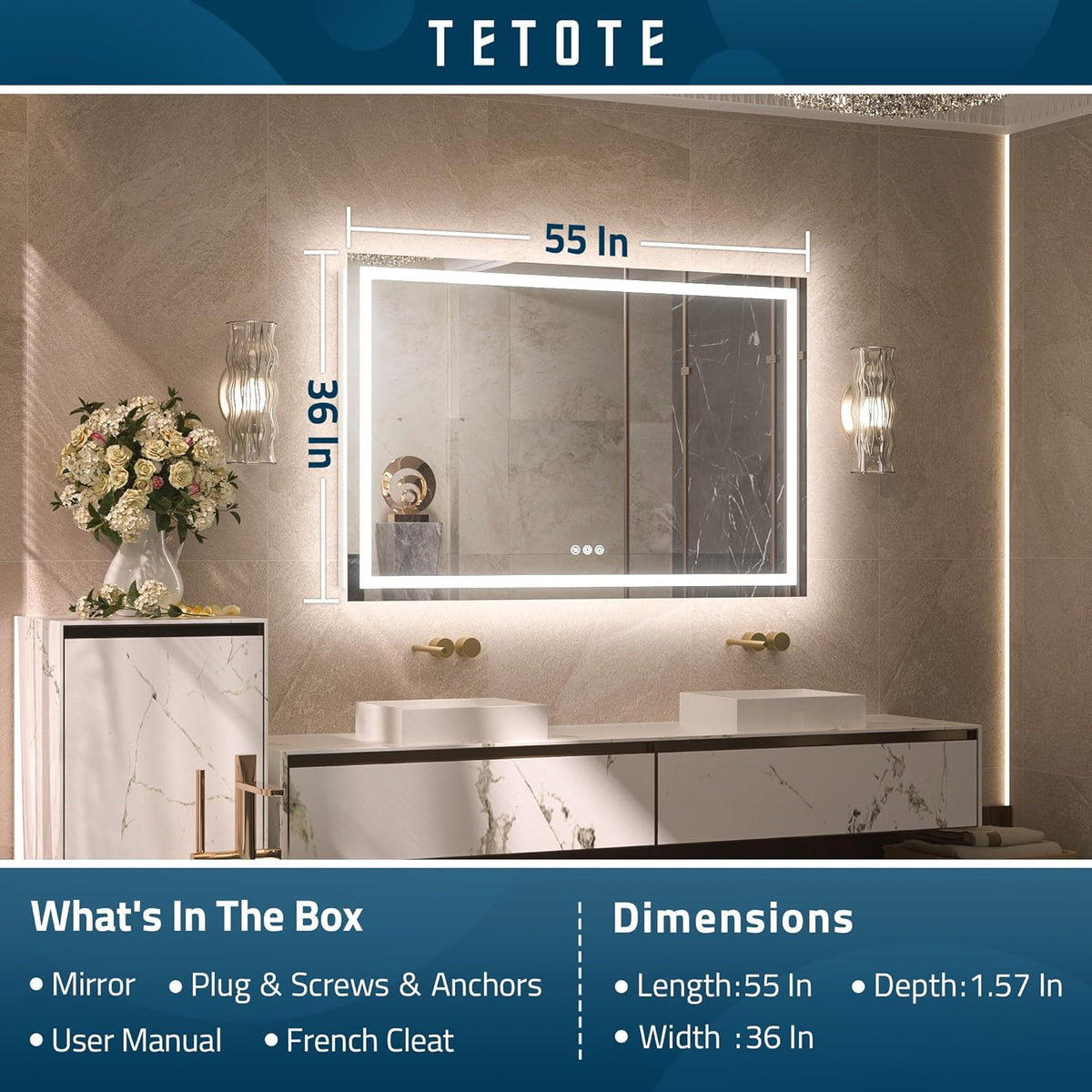 TETOTE LED Bathroom Mirror 20x28 Frontlit & Backlit Lighted Vanity Mirror Anti Fog Stepless Dimmable 3 Colors White/Warm/Natural,Double Lights,Wall-Mounted(Horizontal/Vertical) - PuriLite