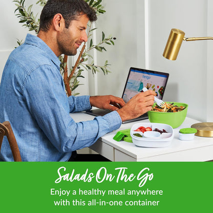 Bentgo Salad - Stackable Lunch Container with Large 54-oz Salad Bowl, 4-Compartment Bento-Style Tray for Toppings, 3-oz Sauce Container for Dressings, Built-in Reusable Fork & BPA-Free (Khaki Green) - PuriLite