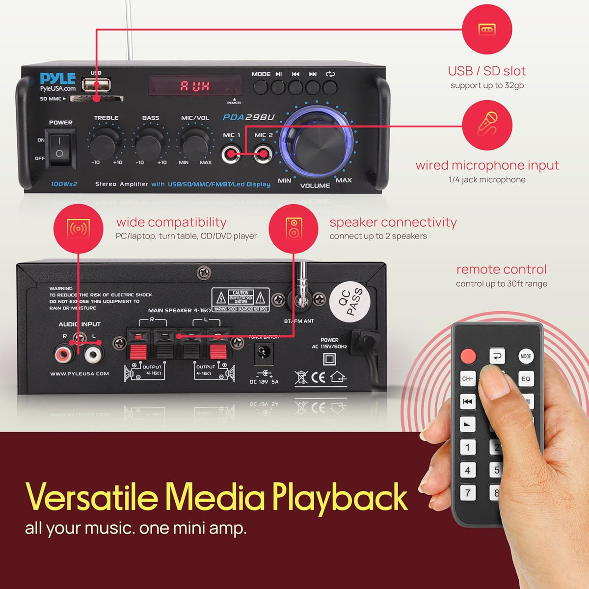 Pyle Bluetooth Amplifier-Wireless Dual Channel Stereo Amp, Powerful and Compact, 200W, LED Display, RCA/USB/SD/AUX/MIC in, FM Radio, Perfect for Home and Studio Audio - PuriLite