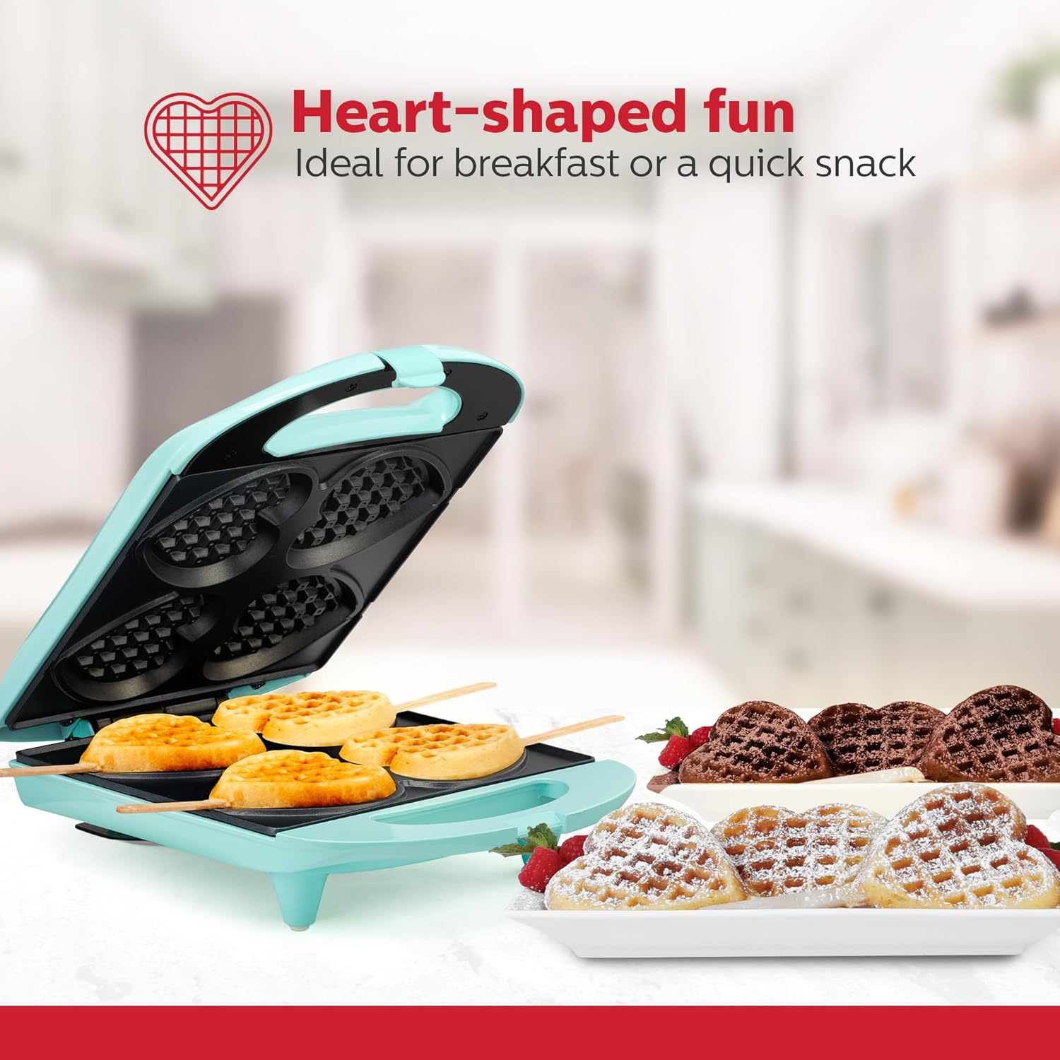 Holstein Housewares - Non-Stick Heart Waffle Maker, Lavender - Makes 4 Heart-Shaped Waffles in Minutes - PuriLite