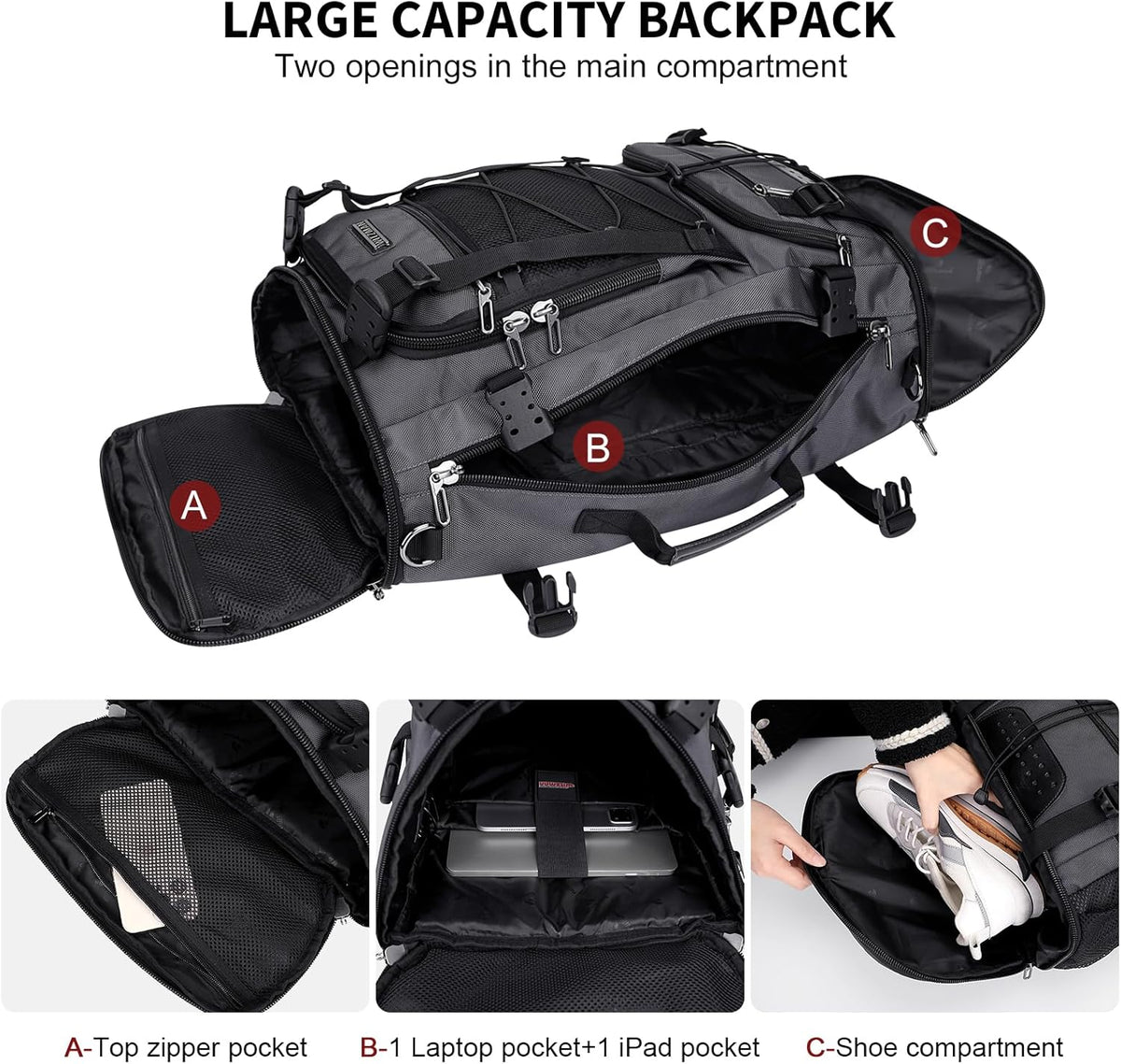 WITZMAN Travel Backpack for Men Large Carry on Backpack Convertible 3 in 1 Bags with Shoe Compartment Fit 17 Inch Laptop(B689 Black) - PuriLite