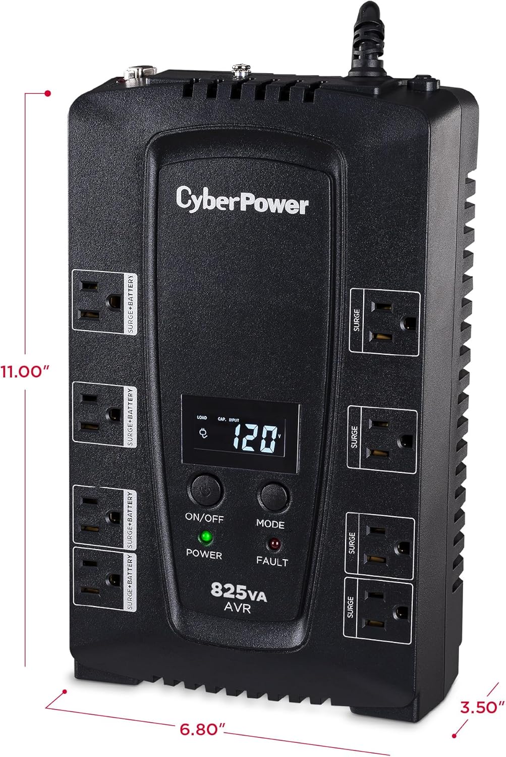 CyberPower CP825AVRLCD Intelligent LCD UPS System, 825VA/450W, 8 Outlets, AVR, Compact - PuriLite