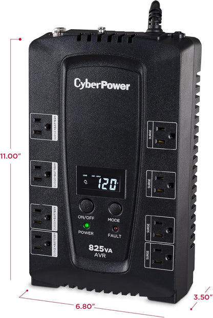 CyberPower CP825AVRLCD Intelligent LCD UPS System, 825VA/450W, 8 Outlets, AVR, Compact - PuriLite