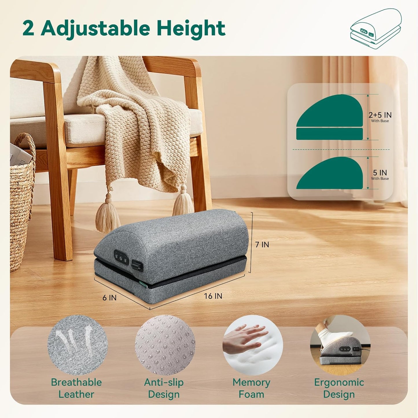 Snailax Foot Rest Under Desk at Work, 2 Heating Levels, 3 Vibrating Massage Modes, Heated Ergonomic Foot Stool with Adjustable Height, Office & Gaming Home Use, Grey - PuriLite
