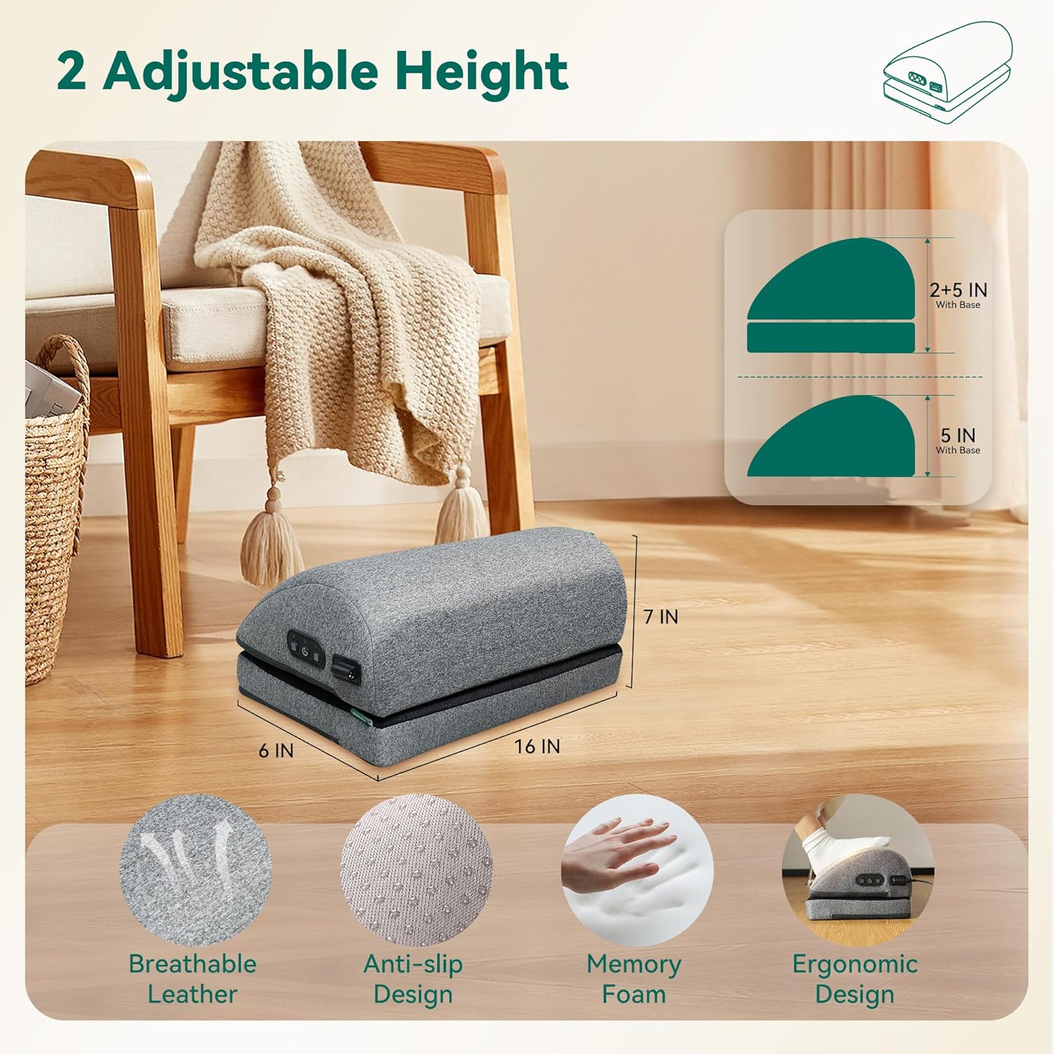 Snailax Foot Rest Under Desk at Work, 2 Heating Levels, 3 Vibrating Massage Modes, Heated Ergonomic Foot Stool with Adjustable Height, Office & Gaming Home Use, Grey - PuriLite