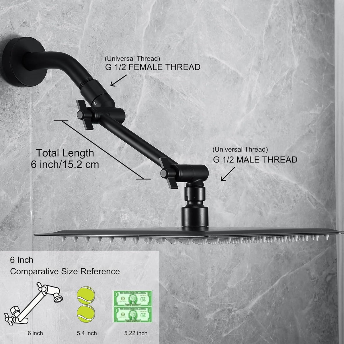 Shower Head Extension Arm, 6 Inch Adjustable Shower Arm Extender for Handheld/Fixed/Rain Shower Head, All Metal Showerhead Arm with G1/2 Universal Connector, Easy Installation, Brushed Nickel - PuriLite