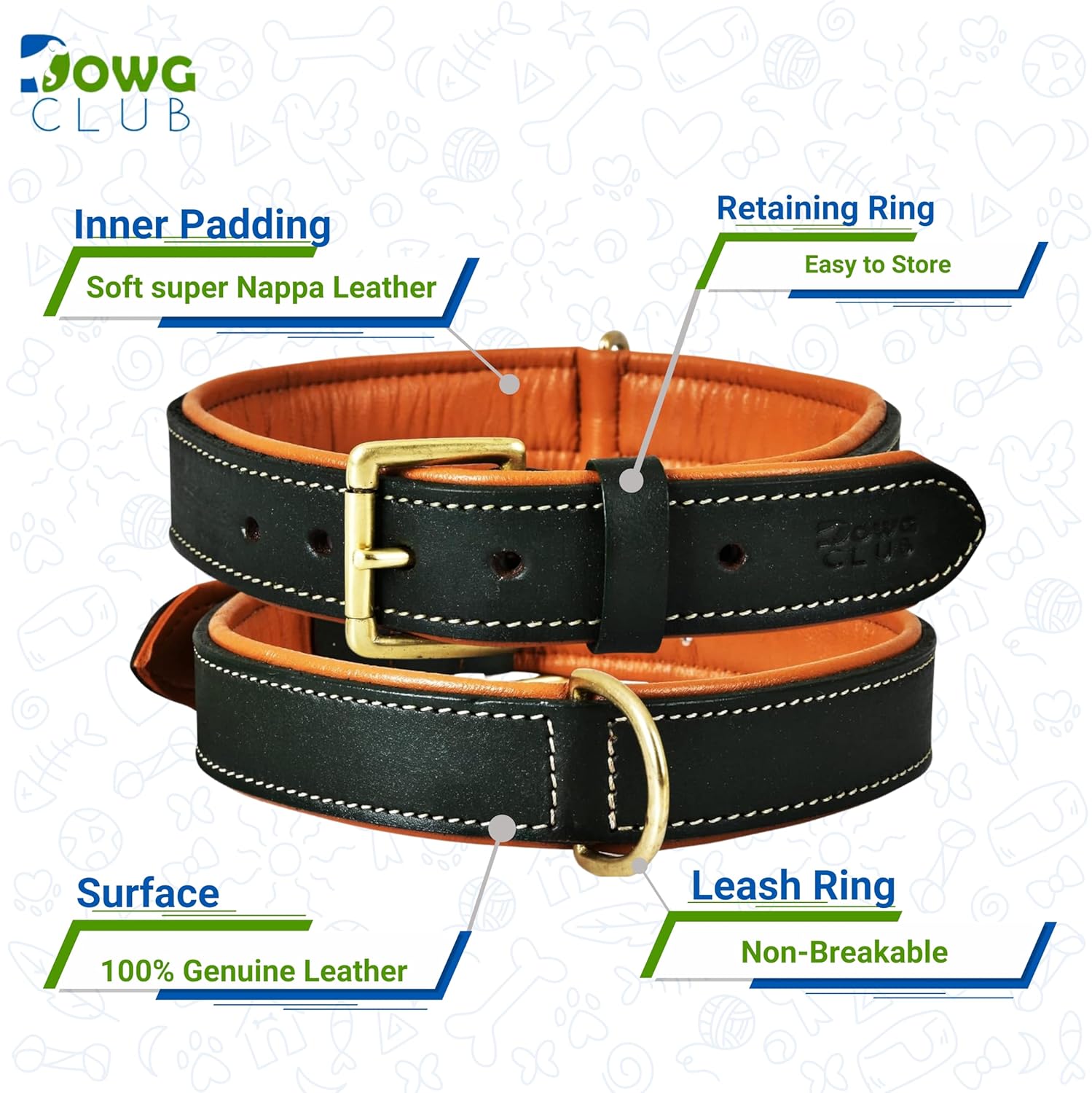 DowgClub | Genuine Leather Dog Collar | Full Grain, Heavy Duty | Comfortable, Strong | Best for Pups, Small, Medium & Large Breeds | Pink, Brown, Black, Tan - PuriLite