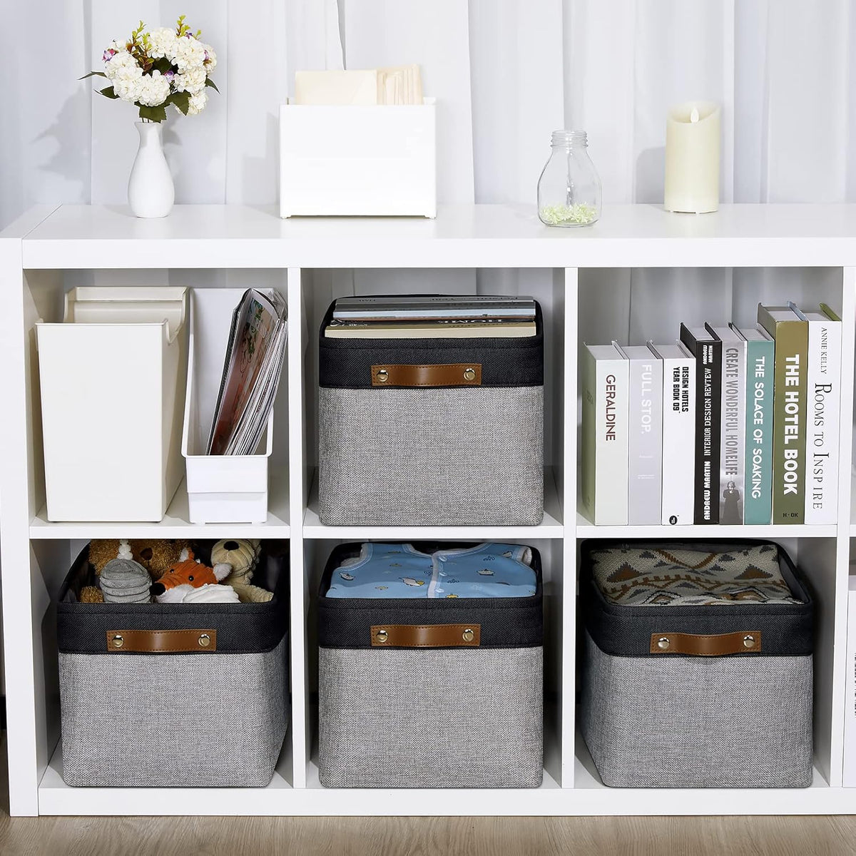 DULLEMELO Storage Baskets for Shelves, Fabric Collapsible Rectangular Storage Bins for Shelves, Closets, Nursery, Home, Office, Empty Gift Baskets (White&Teal) - PuriLite