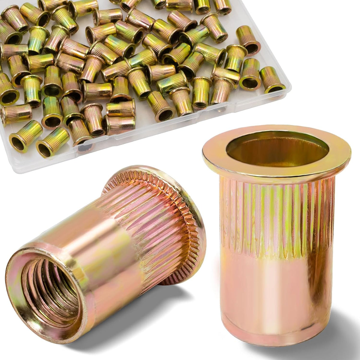 Vifmy Metric & SAE Rivet Nut Assortment Kit(420 Pcs),m3 m4 m5 m6 m8 m10 m12#6-32#8-32#10-24 1/4"-20 5/16"-18 3/8"-16 UNC Flat Head Rivnut Set,Zinc Plated Finish Carbon Steel Nutsert - PuriLite