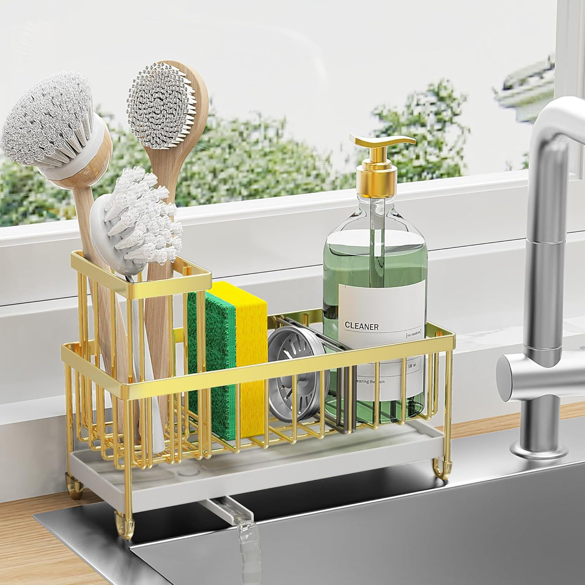 Cisily Sponge Holder for Kitchen Sink, Sink Caddy with High Brush Holder, Organzier Rustproof 304 Stainless Steel Dish Organizer Divider, Soap Dispenser Storage (Black) - PuriLite