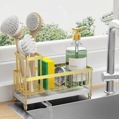 Cisily Sponge Holder for Kitchen Sink, Sink Caddy with High Brush Holder, Organzier Rustproof 304 Stainless Steel Dish Organizer Divider, Soap Dispenser Storage (Black) - PuriLite