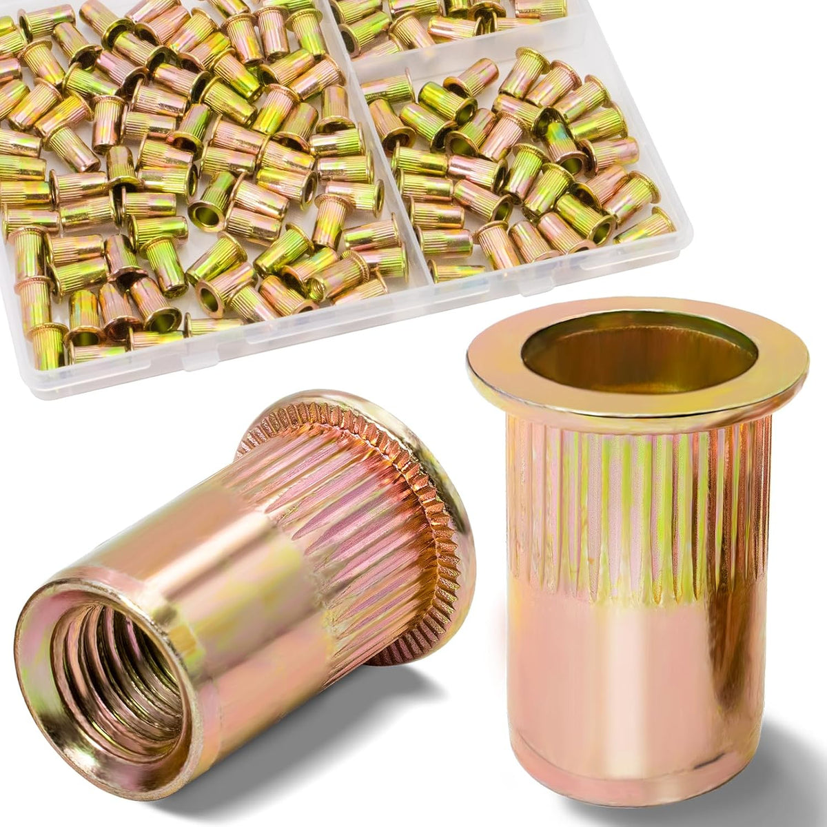 Vifmy Metric & SAE Rivet Nut Assortment Kit(420 Pcs),m3 m4 m5 m6 m8 m10 m12#6-32#8-32#10-24 1/4"-20 5/16"-18 3/8"-16 UNC Flat Head Rivnut Set,Zinc Plated Finish Carbon Steel Nutsert - PuriLite