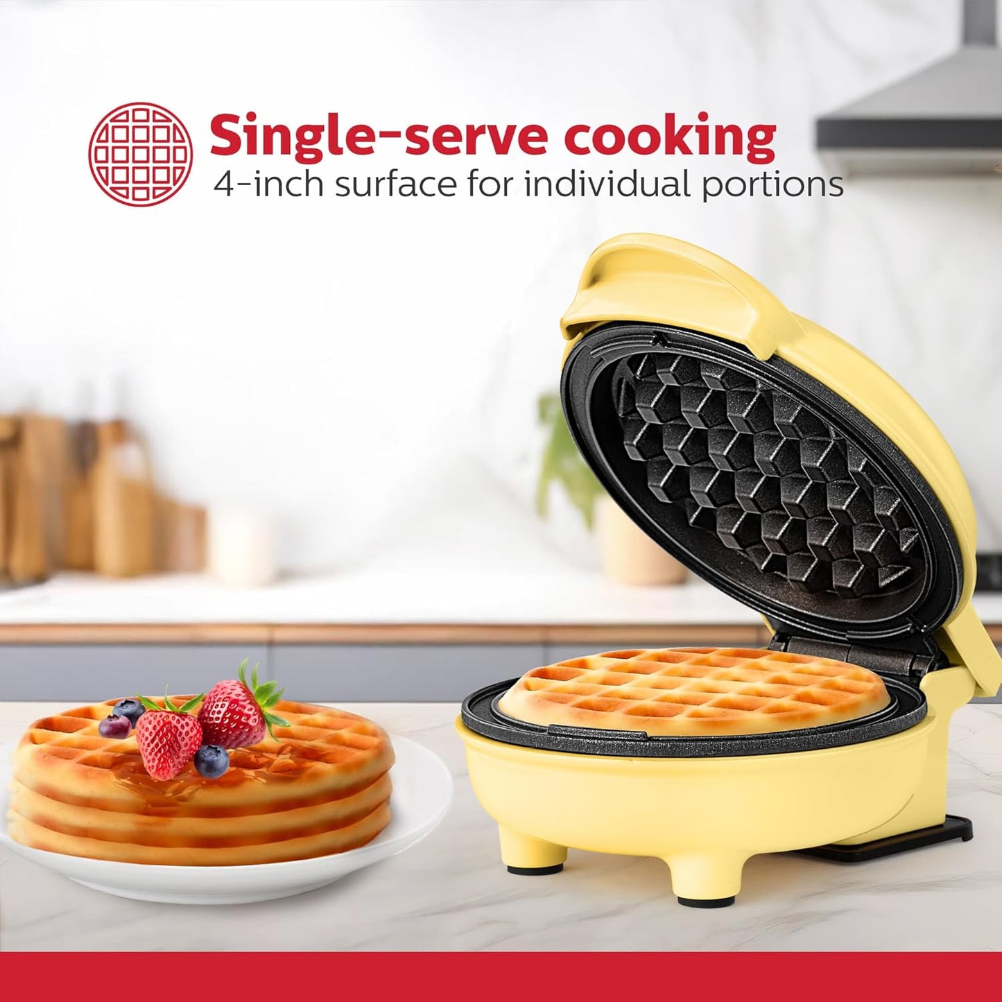 Holstein Housewares Personal/Mini Waffle Maker, Non-Stick Coating, Yellow - 4-inch Waffles in Minutes, Ideal for Breakfast, Brunch, Lunch or Snacks - PuriLite