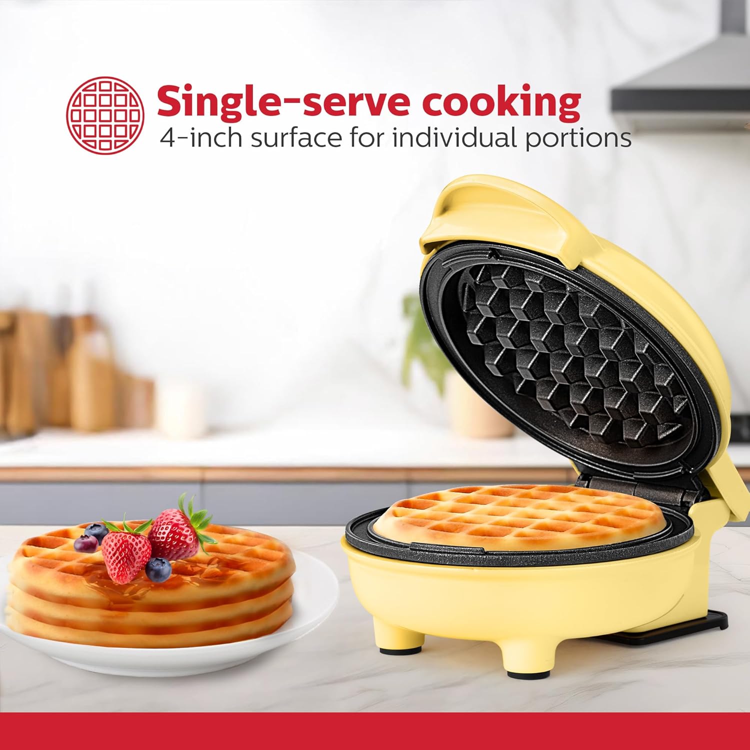 Holstein Housewares Personal/Mini Waffle Maker, Non-Stick Coating, Yellow - 4-inch Waffles in Minutes, Ideal for Breakfast, Brunch, Lunch or Snacks - PuriLite