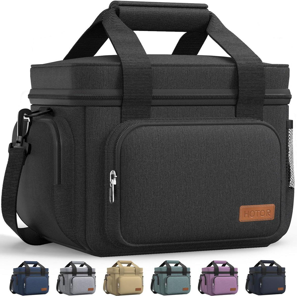 HOTOR Lunch Box for Men and Women - Leak-Proof Insulated Lunch Bag with Adjustable Shoulder Strap, Cooler Lunch Bag for Office, Picnic, Hiking, Beach, 1 Layer, Black, 11.0" x 7.1" x 8.3" - PuriLite