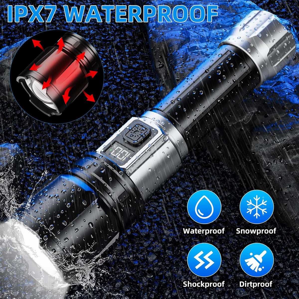 Flashlight Rechargeable 990000 High Lumens, Super Bright LED Flash Light with LCD Digital Display, Tactical Flashlights with IPX7 Waterproof, 6 Modes Brightest Flashlight for Camping, Emergency - PuriLite