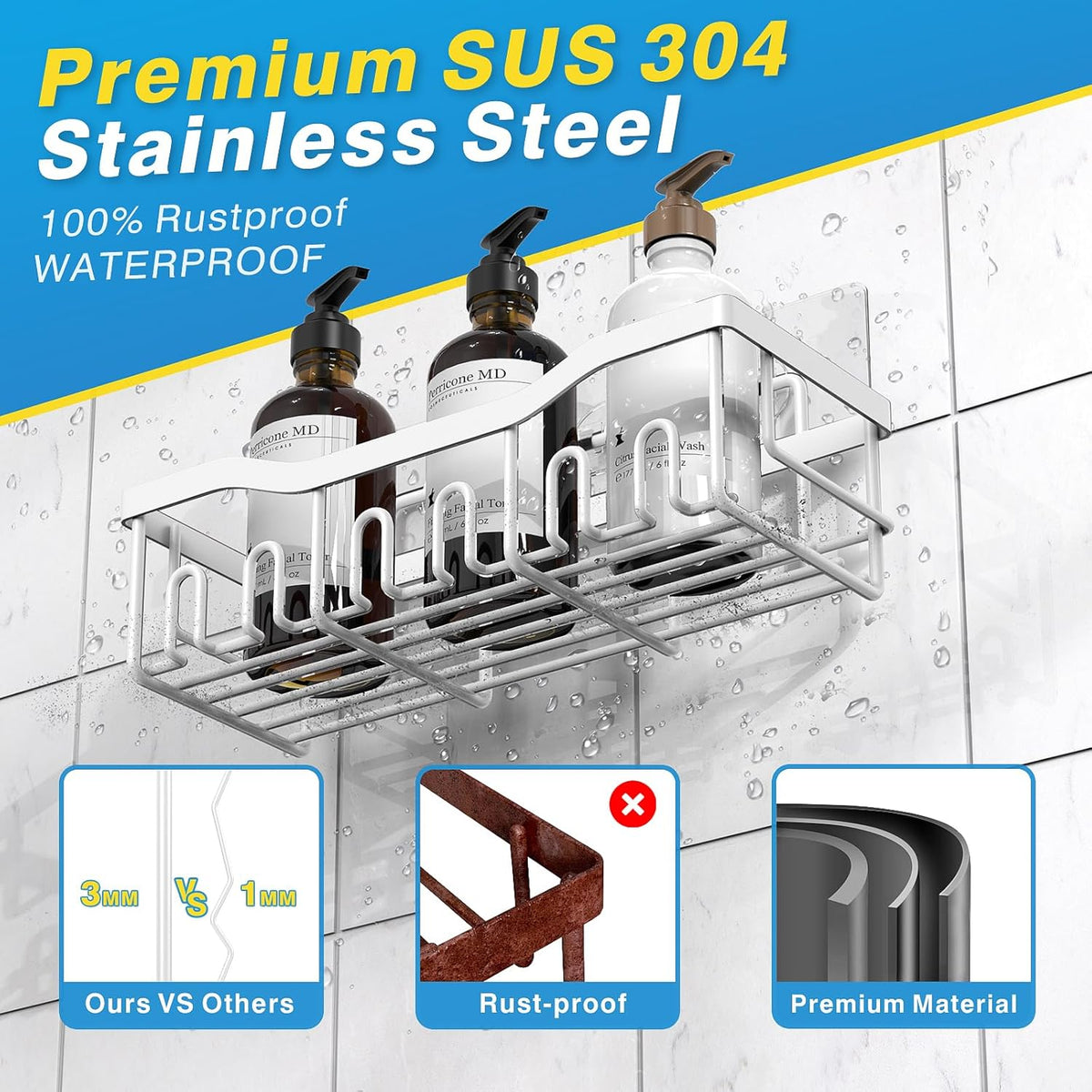 EUDELE 5-Pack Rustproof Stainless Steel Shower Caddy – No Drill Adhesive Bathroom Organizer with Large Capacity, Spacious Shower Shelves for Inside Shower, Kitchen & Home Decor Storage - PuriLite