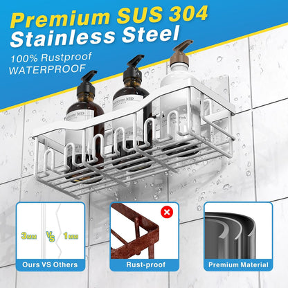 EUDELE 5-Pack Rustproof Stainless Steel Shower Caddy – No Drill Adhesive Bathroom Organizer with Large Capacity, Spacious Shower Shelves for Inside Shower, Kitchen & Home Decor Storage - PuriLite
