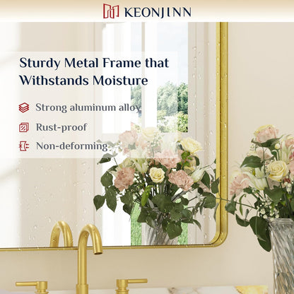 Keonjinn 42 x 36 Brushed Nickel Bathroom Vanity Mirror, Large Rounded Rectangle Bathroom Mirrors for over Sink, Metal Framed Silver Mirror for Wall, Shatterproof HD Tempered Glass(Horizontal/Vertical) - PuriLite