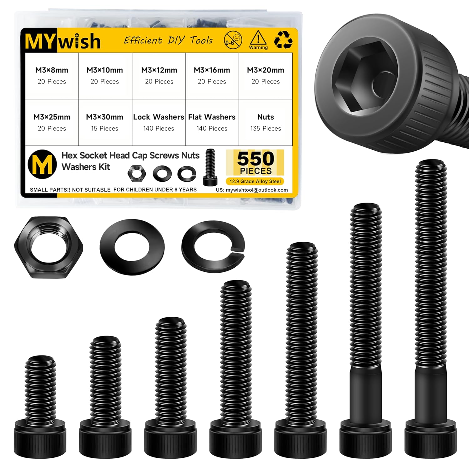 Mywish 900Pcs Metric Screw Assortment, M3 M4 M5 M6 Screw Assortment Kit 304 Stainless Steel Hex Socket Button Head Socket Cap Metric Screws Bolts & Flat Washers/Nuts/Hex Wrenches 16 Sizes 8MM to 20MM - PuriLite