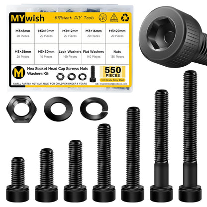 Mywish 900Pcs Metric Screw Assortment, M3 M4 M5 M6 Screw Assortment Kit 304 Stainless Steel Hex Socket Button Head Socket Cap Metric Screws Bolts & Flat Washers/Nuts/Hex Wrenches 16 Sizes 8MM to 20MM - PuriLite