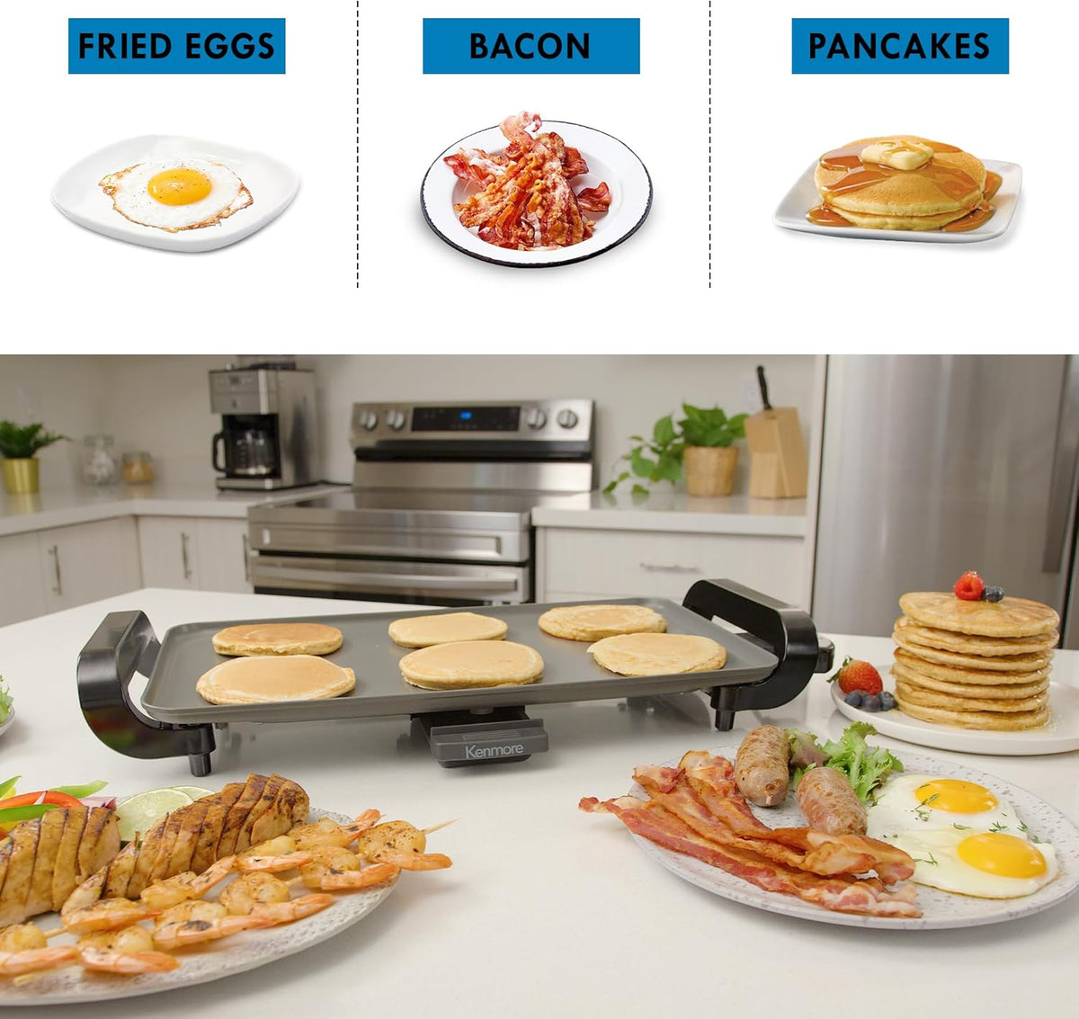 Kenmore Electric Griddle - External Temperature Control, Easy Clean Countertop Cooking Kitchen Appliance Removable Drip Tray, Grill Bacon, Eggs, Pancakes, Crepes, Tortillas, Nonstick 10x18" Pan - PuriLite