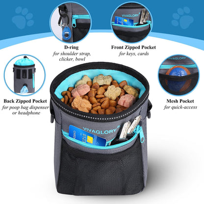 VIVAGLORY Dog Training Treat Pouch, 4Ways to Wear Dog Treat Bags, Built in Dog Waste Bag Dispenser Treats Training Bags with Reflective Adjustable Shoulder Strap, Heather Blue - PuriLite