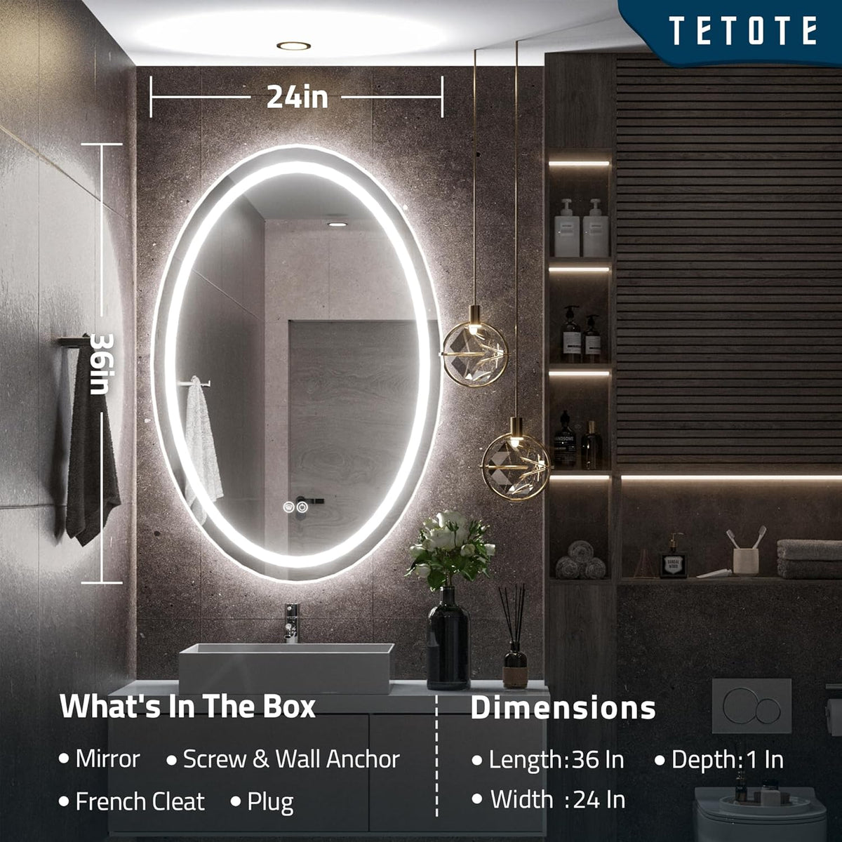 TETOTE 28 Inch Round LED Bathroom Vanity Mirror, Anti-Fog Dimmable Lights IP54 Waterproof Circle Makeup Wall Mounted Mirror - PuriLite