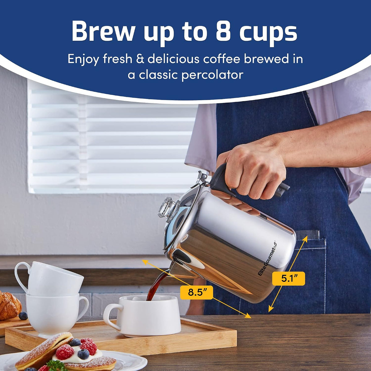 Elite Gourmet EC008X Classic 8-Cup Stovetop Coffee Percolator Glass Clear Brew Progress Knob, Cool-Touch Handle, Stainless Steel