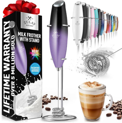 Zulay Kitchen Powerful Double Whisk Milk Frother Handheld - Foam Maker with Stand - Whisk Drink Mixer for Coffee, Mini Foamer for Latte, Matcha, Frappe, Hot Chocolate & Cappuccino (Black) - PuriLite