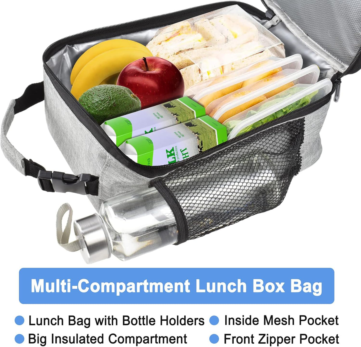 Insulated Lunch Bag, Leakproof Portable Lunch Box for Women Men Boys Girls, Large Capacity Cooler Bag with Handle and Bottle Pocket for Office School Camping Hiking Outdoor Beach Picnic (Black) - PuriLite