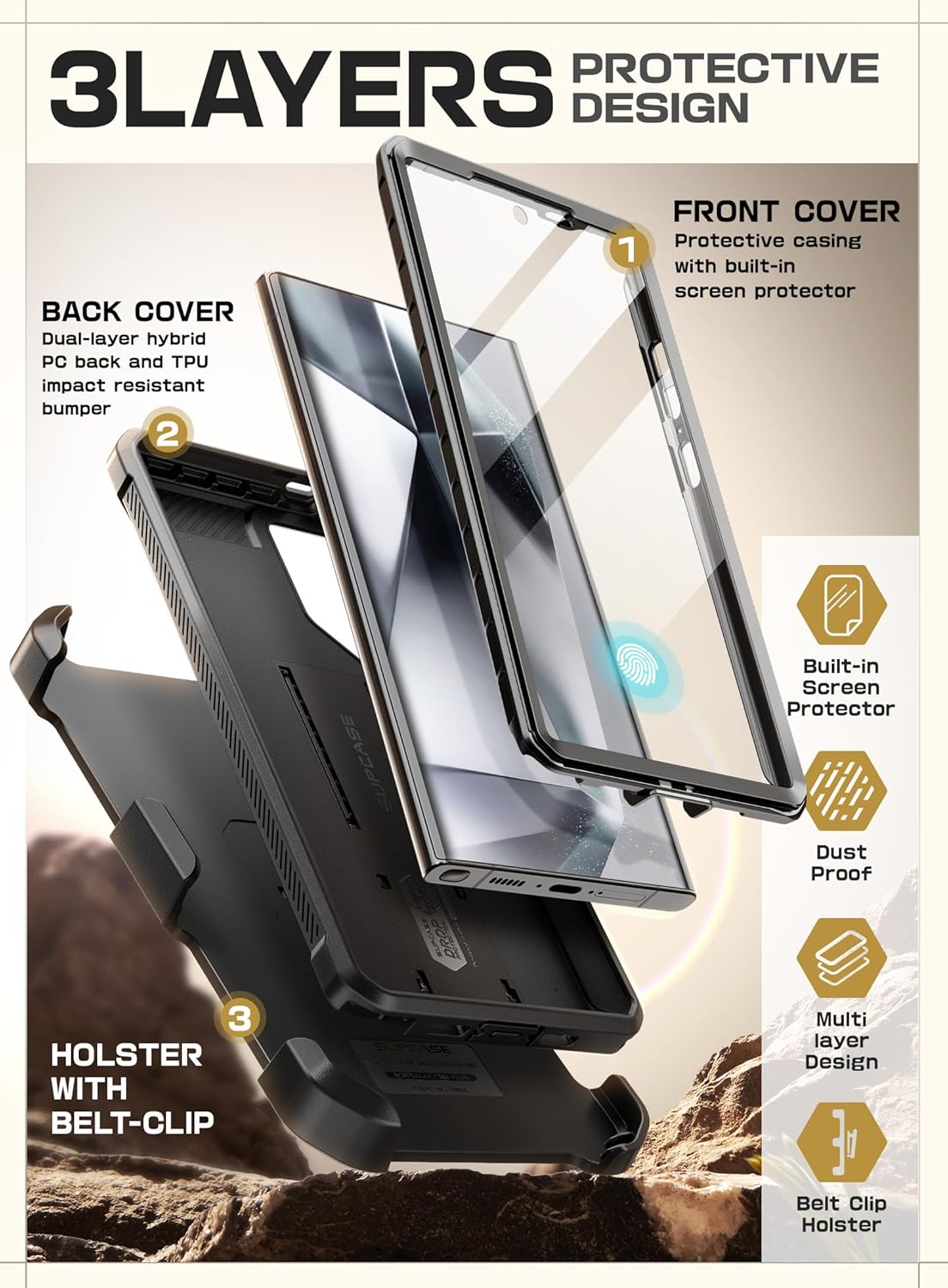 SUPCASE Unicorn Beetle Pro Case for Samsung Galaxy S23 Ultra 5G (2023), [Extra Front Frame] Full-Body Dual Layer Rugged Belt-Clip & Kickstand Case with Built-in Screen Protector (Black) - PuriLite