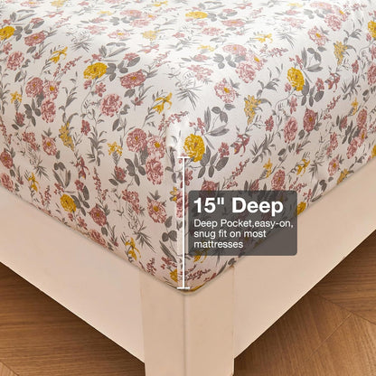 Viviland Floral Queen Sheet Set - 4 Piece Vintage Pink & Yellow Flower Patterned Bed Sheets - Soft, Breathable Microfiber Sheets with Deep Pocket, Non-Slip Fitted Sheets & Pillowcases - PuriLite